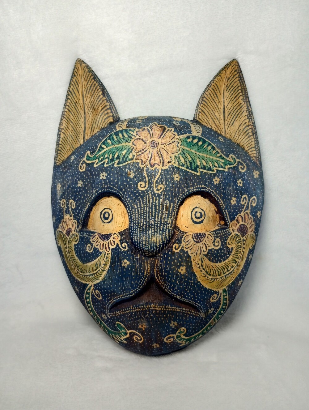 Antique Indonesian Batik Folk Art Cat Mask Wooden Carved Therian Feline Artifact